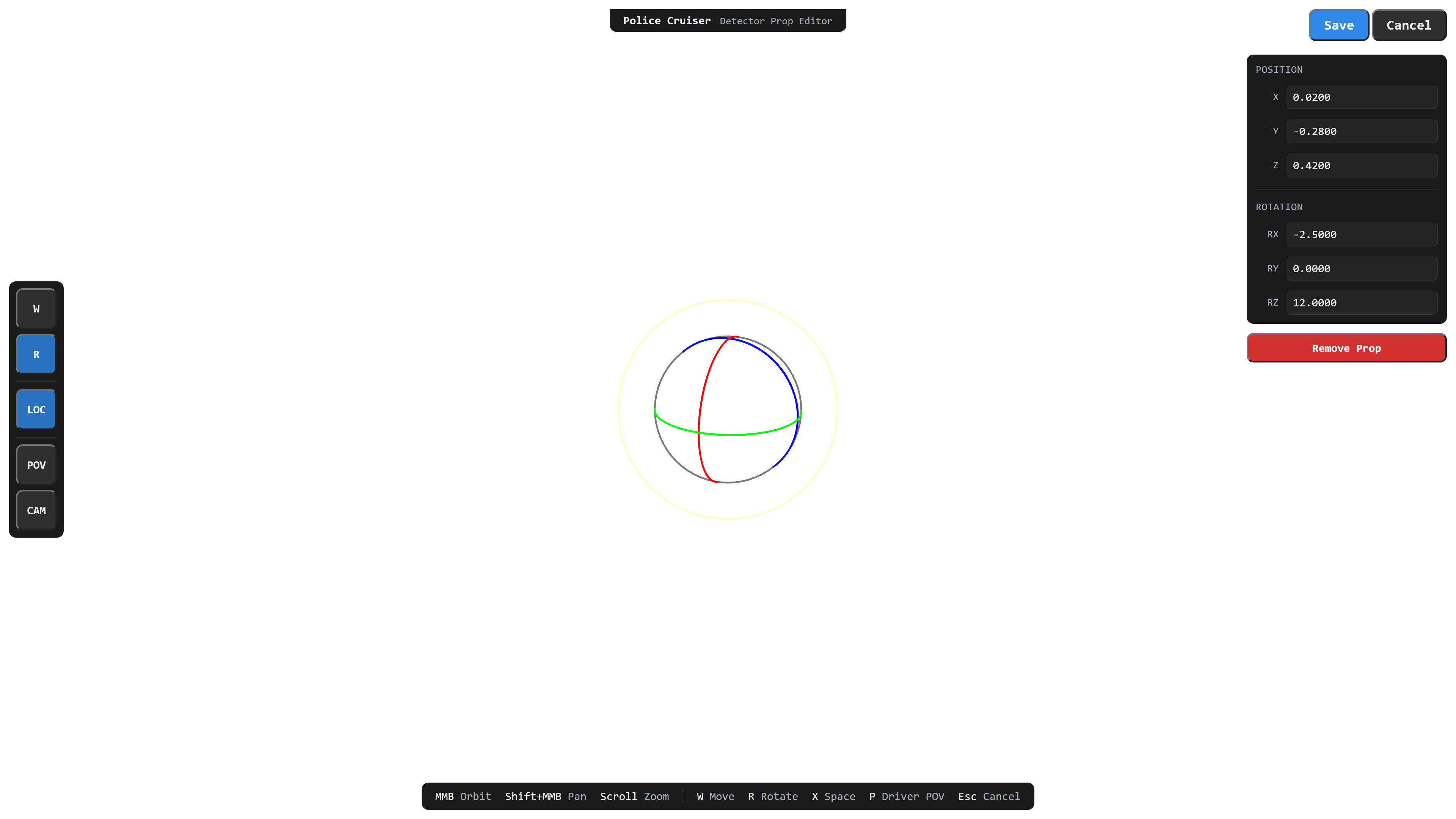 The prop editor in rotate mode