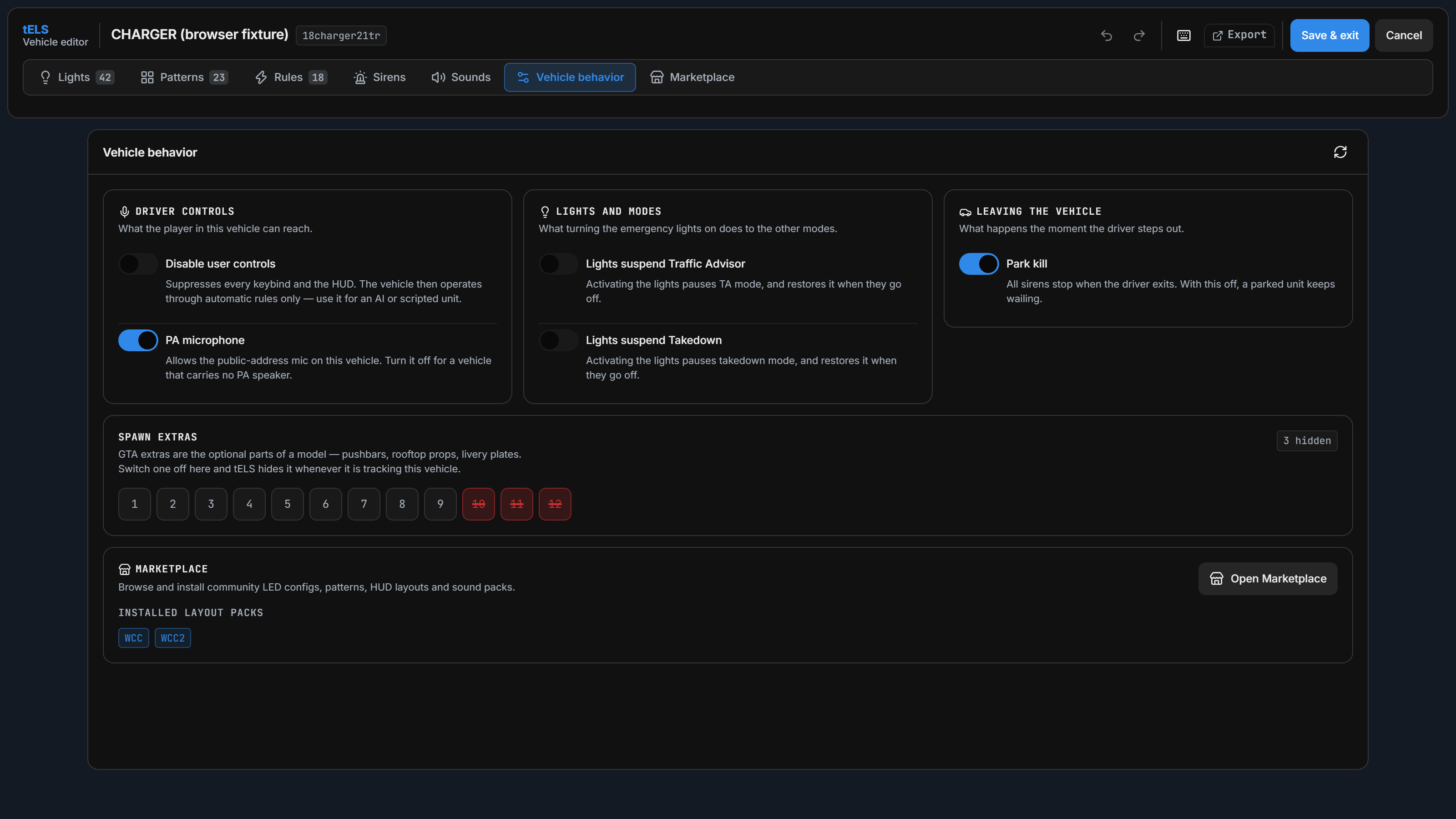The editor's Vehicle behavior tab