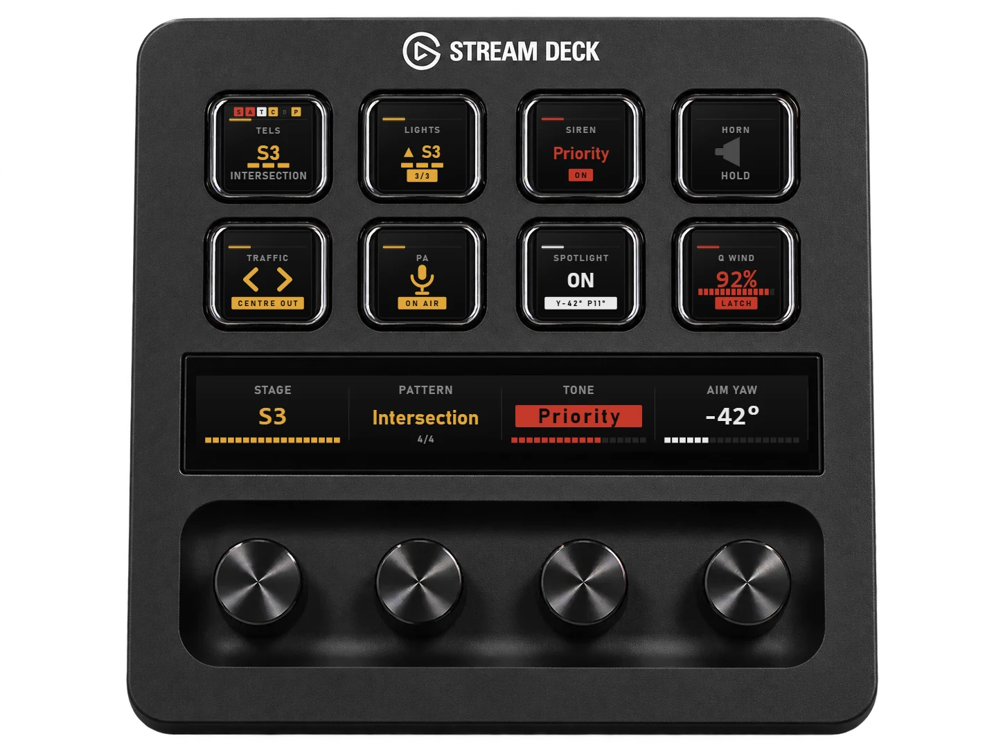 A Stream Deck+ running tELS keys, lights at stage 3 with the siren on