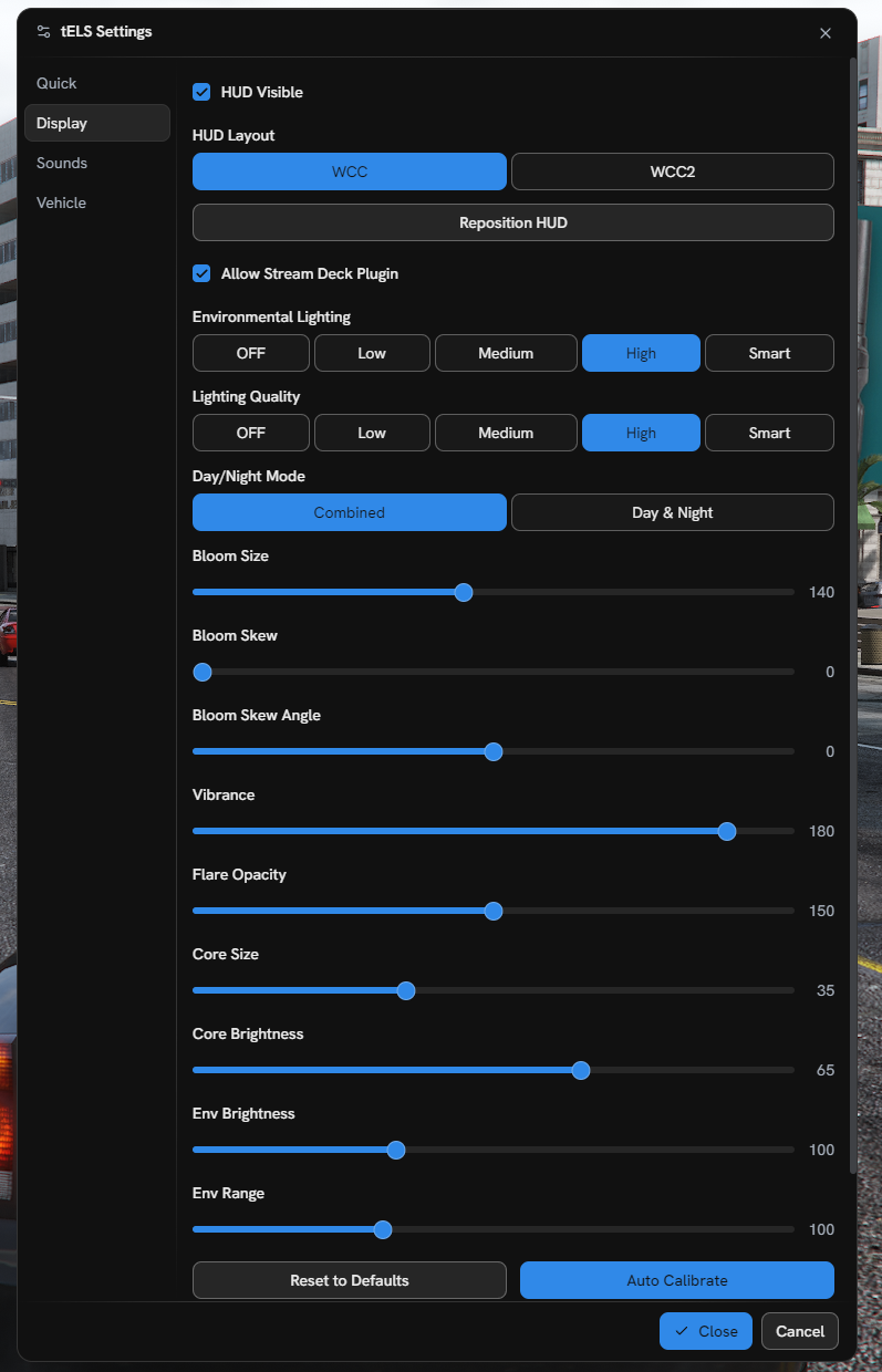 The in-game settings dialog, with the lighting quality steps and bloom sliders that Smart drives