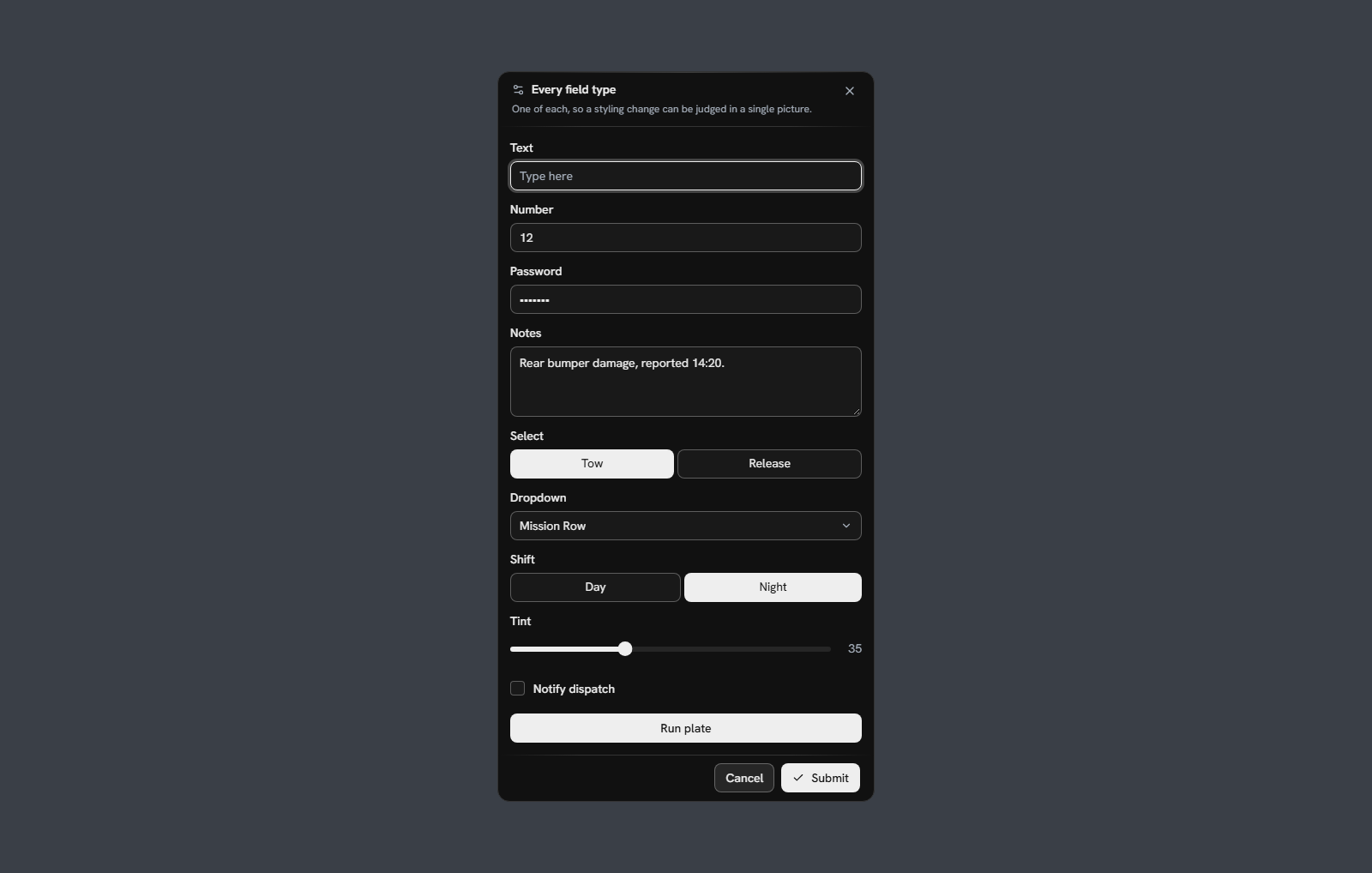 A dialog showing one of every field type
