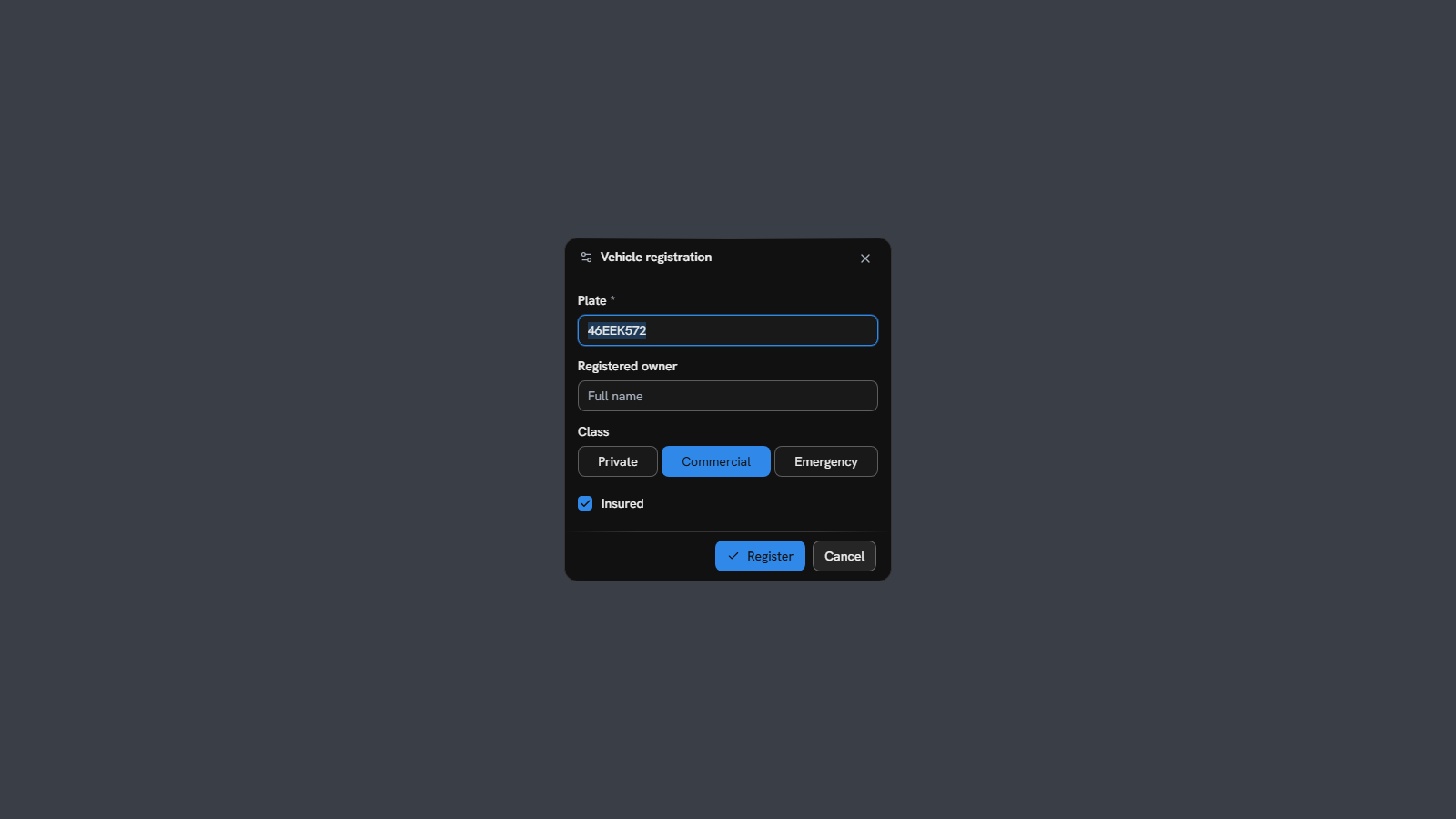A medium dialog with a required text field, a segmented select and a checkbox