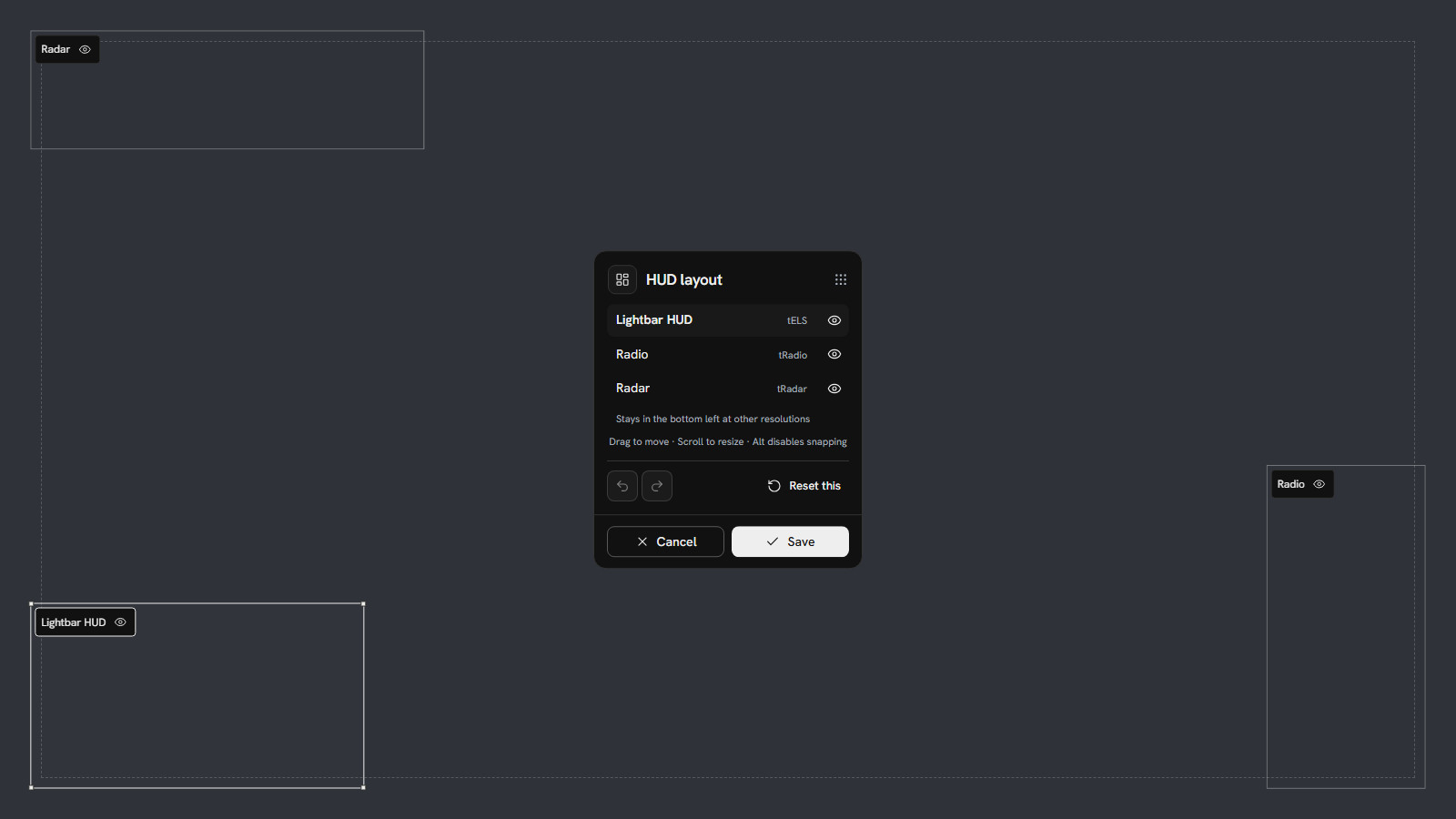 The shared HUD layout editor with three registered components