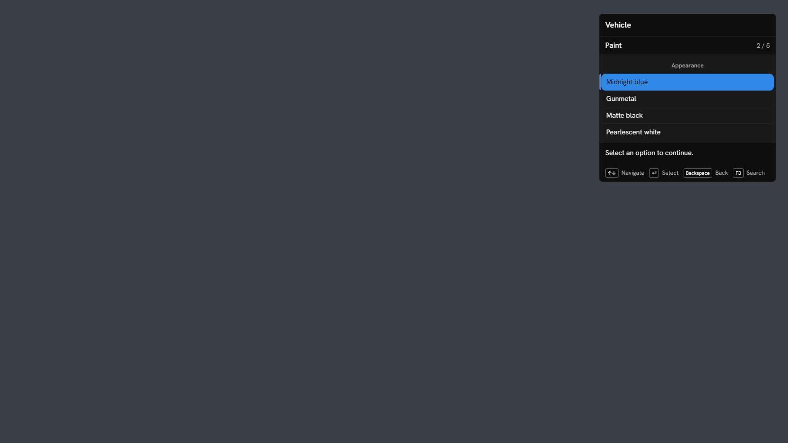 A consumer page on the shared menu, with a selector open and tLib's keyboard hint bar below it