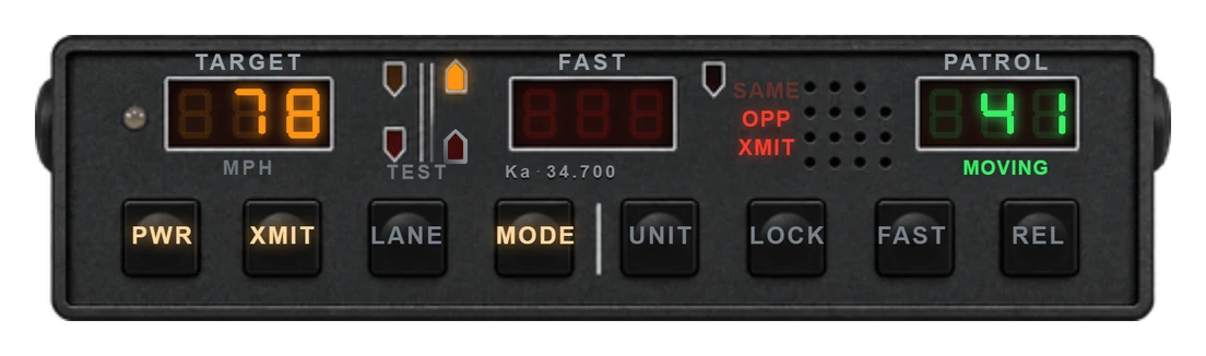 The CHX-800 control head: TARGET 78, a dark FAST window, PATROL 41 in green under MOVING, and eight labelled keys across the bottom