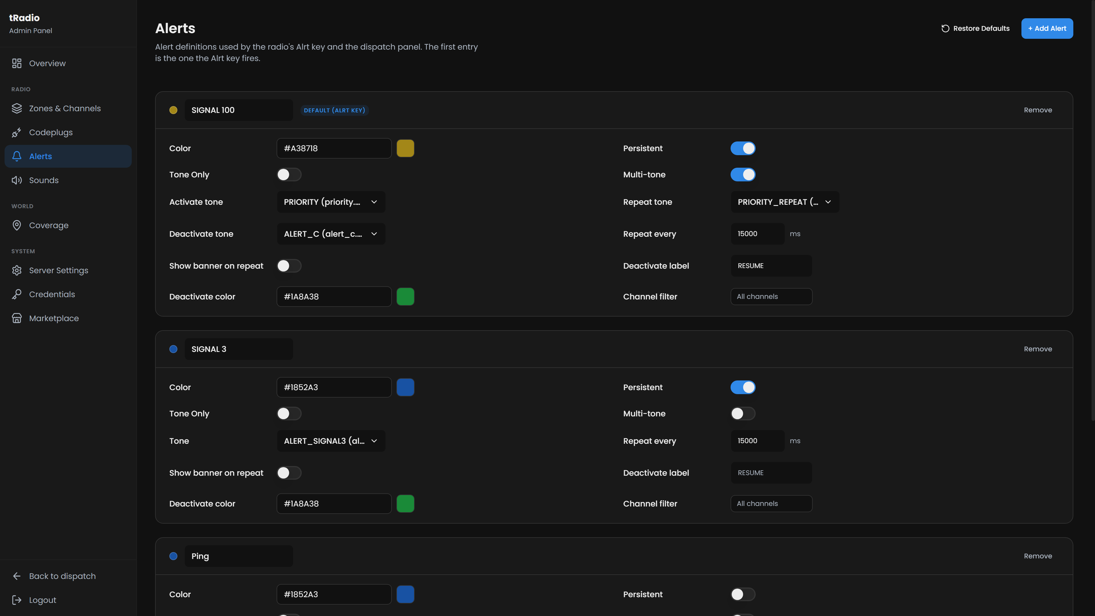 The Alerts page
