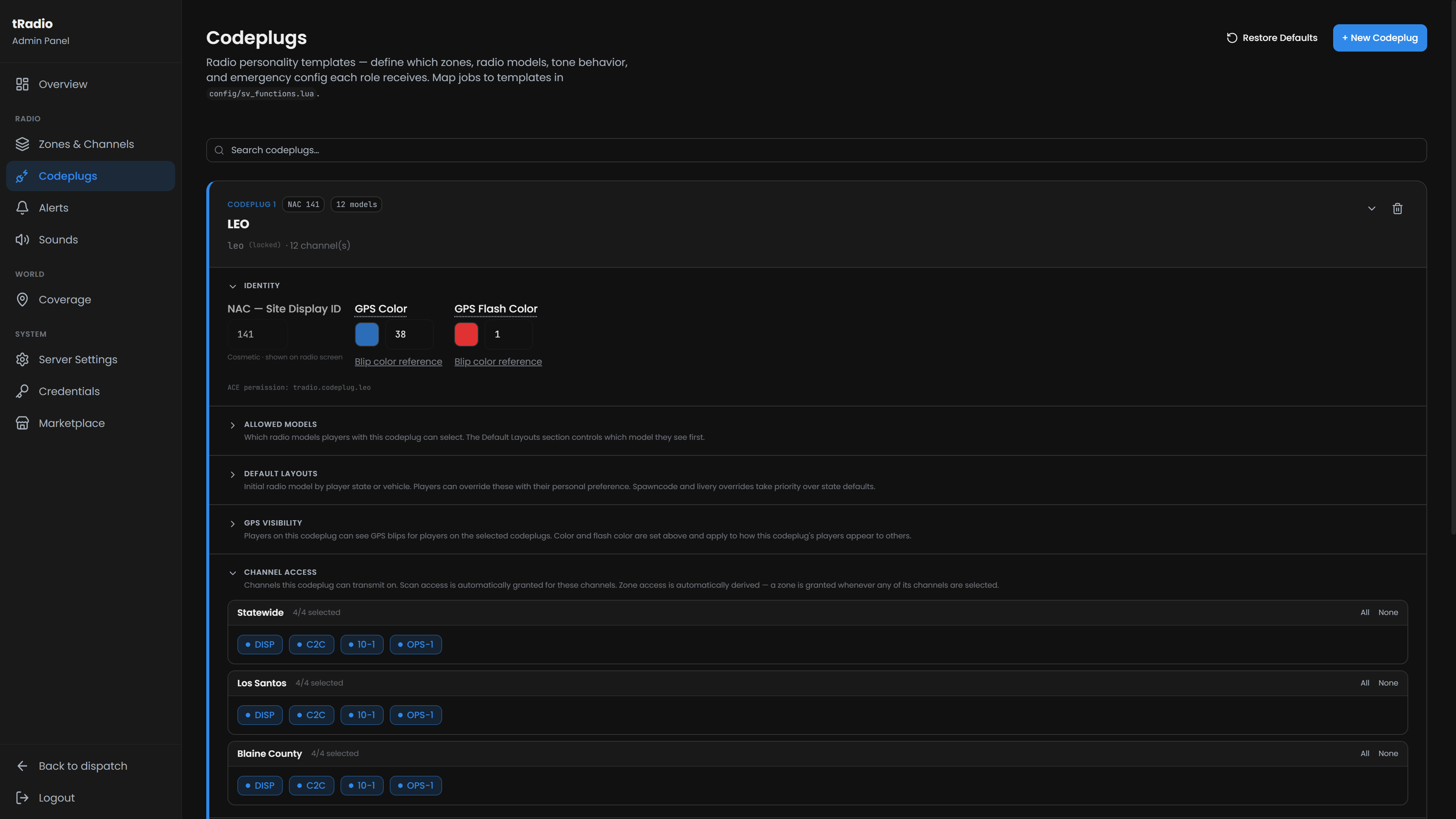 The Codeplugs page with the LEO codeplug expanded