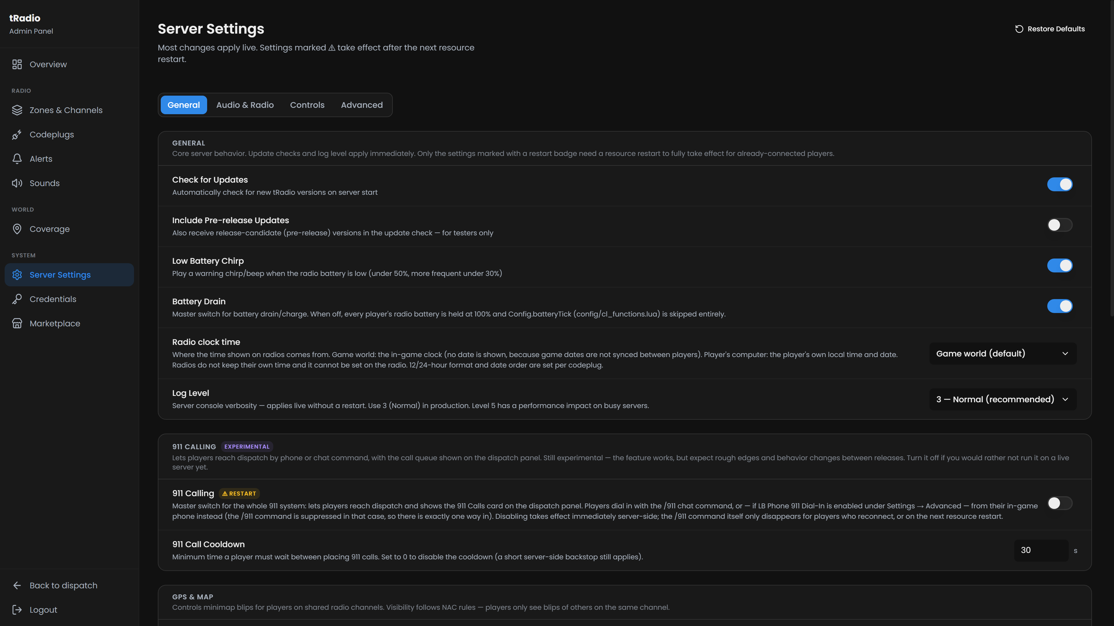 Server Settings, General tab