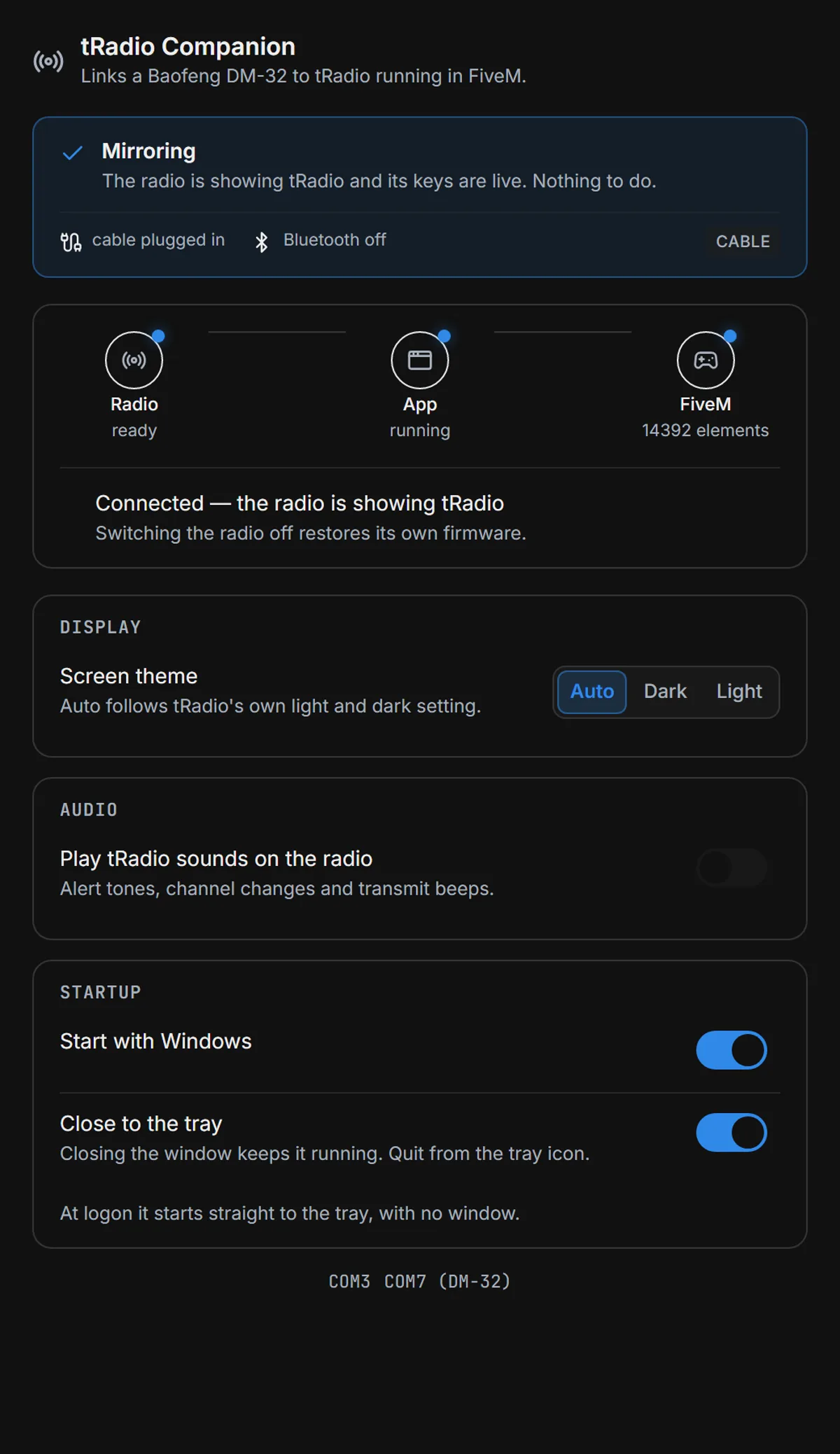 The tRadio Companion app connected over a cable: radio ready, app running, FiveM linked, with display, audio and startup settings