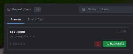 The marketplace browser inside the admin panel, with an installed radio UI