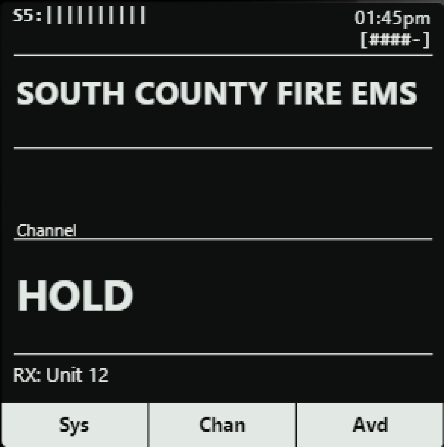 The same scanner stopped on a call: HOLD in the status row and RX: Unit 12 beneath it