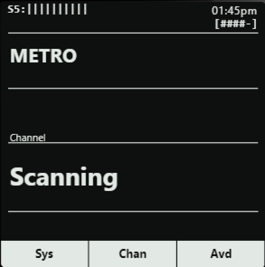 The SWX-250 sweeping: the system name on the top line, Scanning where a channel would be, and the Sys, Chan and Avd soft keys