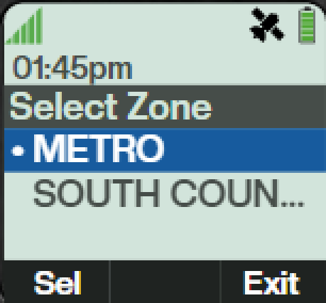 The Select Zone screen