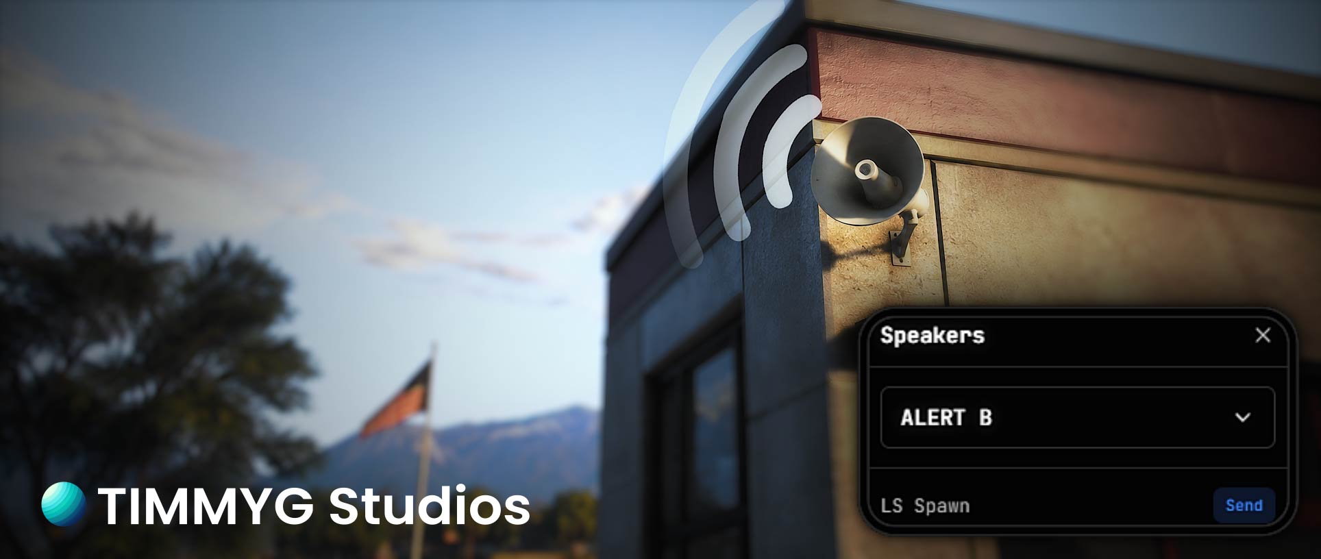 A world-placed speaker sounding a tone-out, with the dispatch panel's speaker picker open
