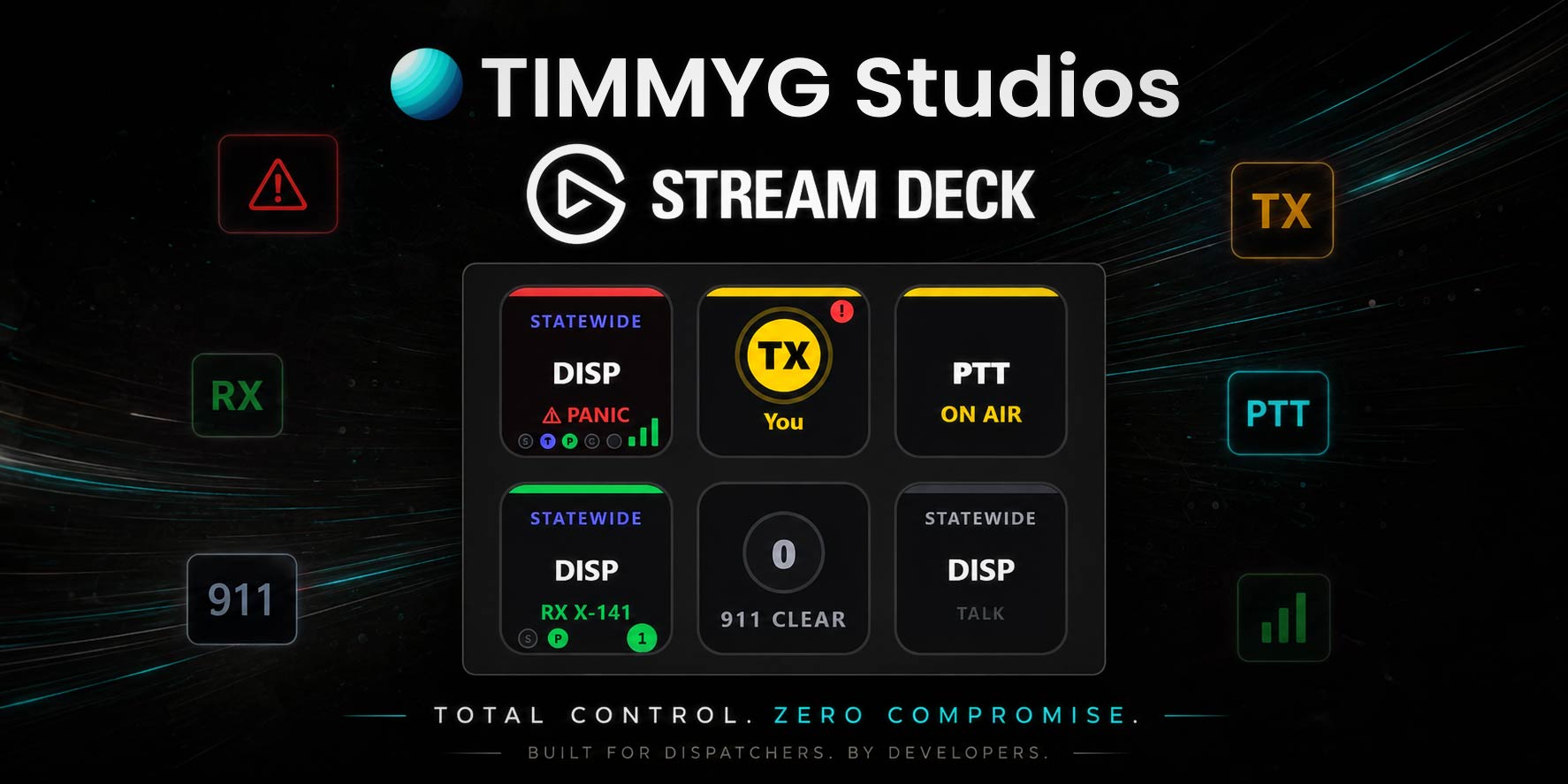 Tommy's Radio Stream Deck plugin — live keys showing channel status, TX/RX, PTT, panic, 911 queue, and indicators