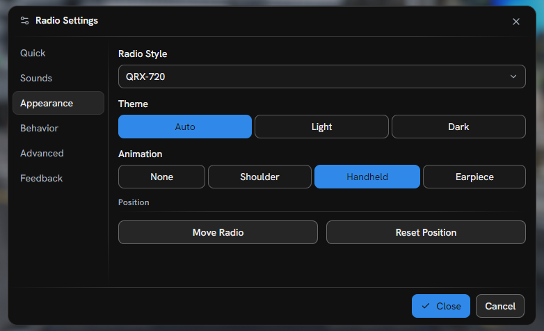 The settings dialog, Appearance tab