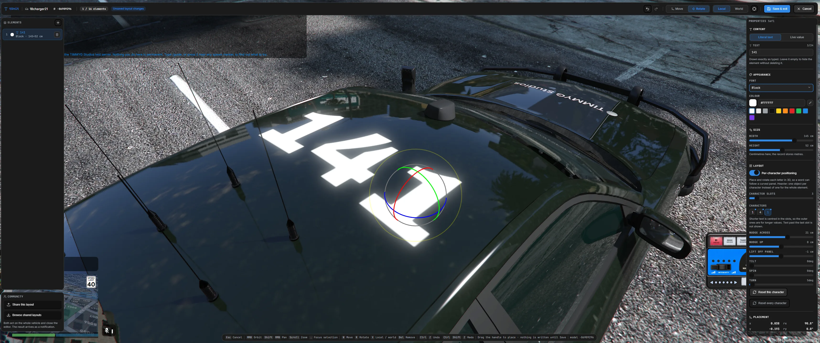 tUnit editor with per-character positioning enabled
